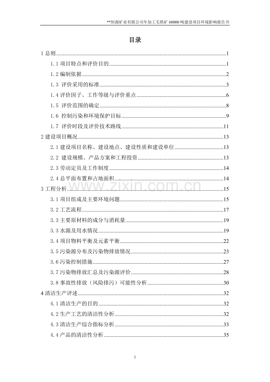 某恒源矿业有限公司年加工毛铁矿60000吨项目申请立项环境评估报告书(送审稿word版本).doc_第1页