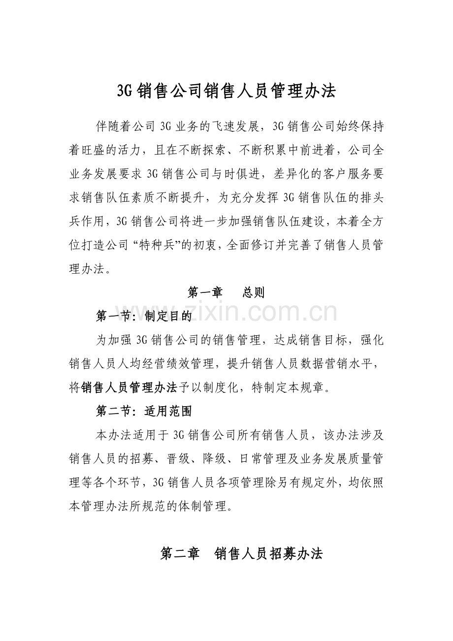 3G销售公司销售人员管理办法2012版定稿.doc_第1页