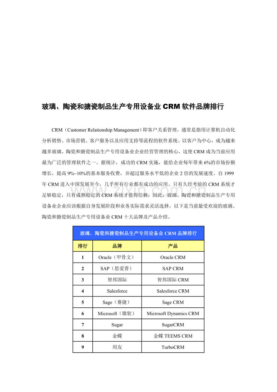 玻璃、陶瓷和搪瓷制品生产专用设备业CRM软件品牌排行.doc_第1页