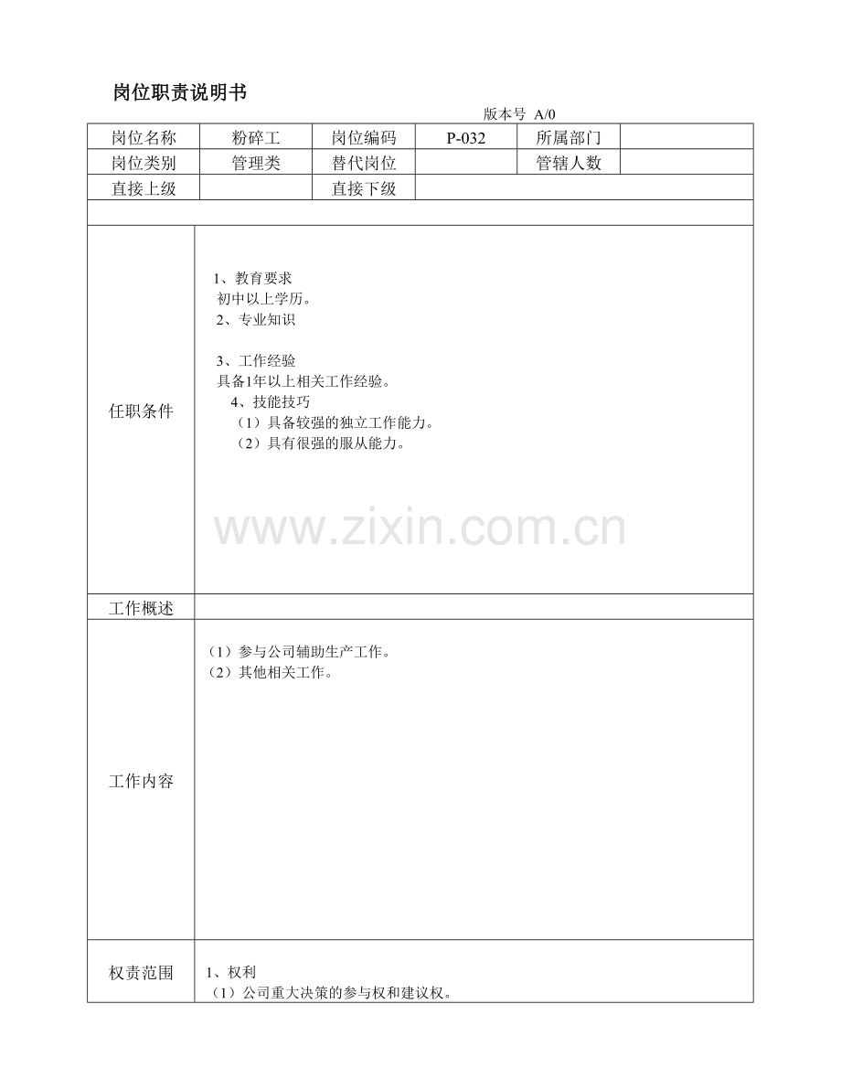 粉碎工岗位职责说明书.doc_第1页