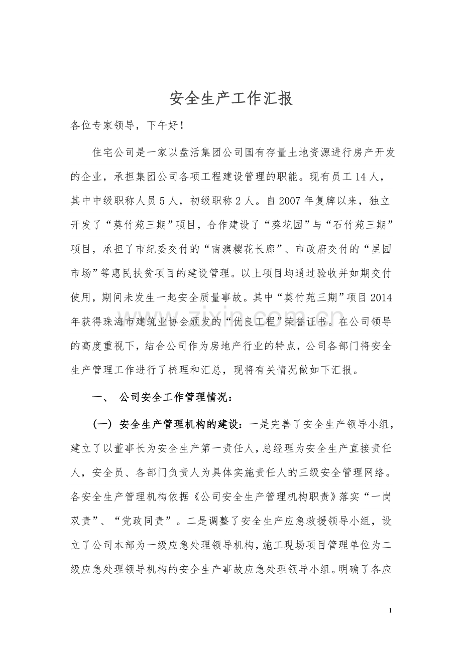 房地产开发公司年度安全生产工作汇报.doc_第1页