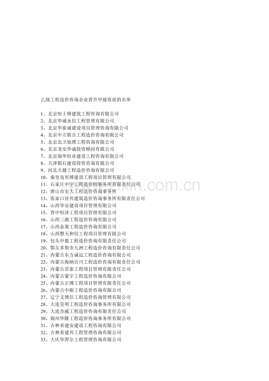 乙级工程造价咨询企业晋升甲级资质的名单.doc_第1页