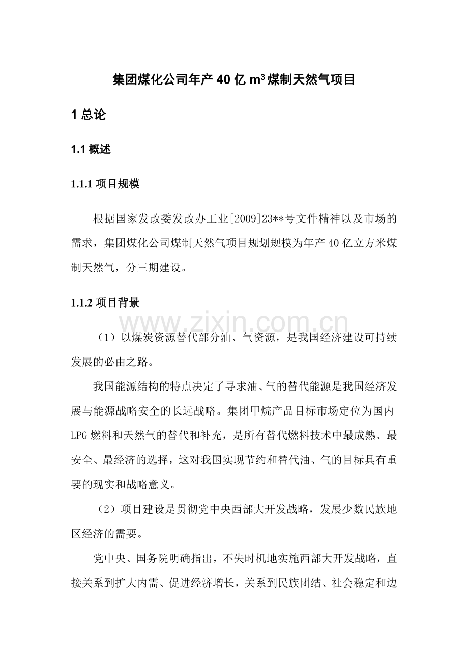 年产40亿立方米煤制天然气项目预可研报告.doc_第1页