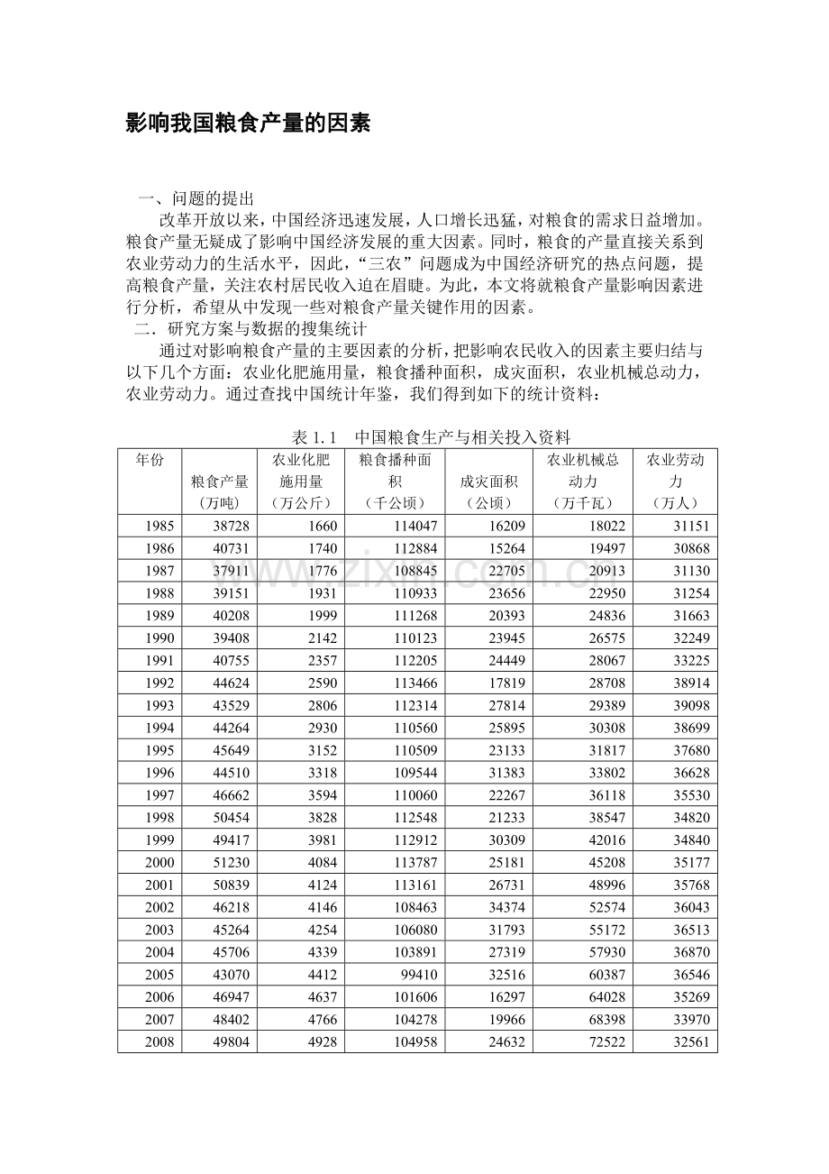 多重共线性小论文——影响我国粮食产量的因素分析.doc_第1页