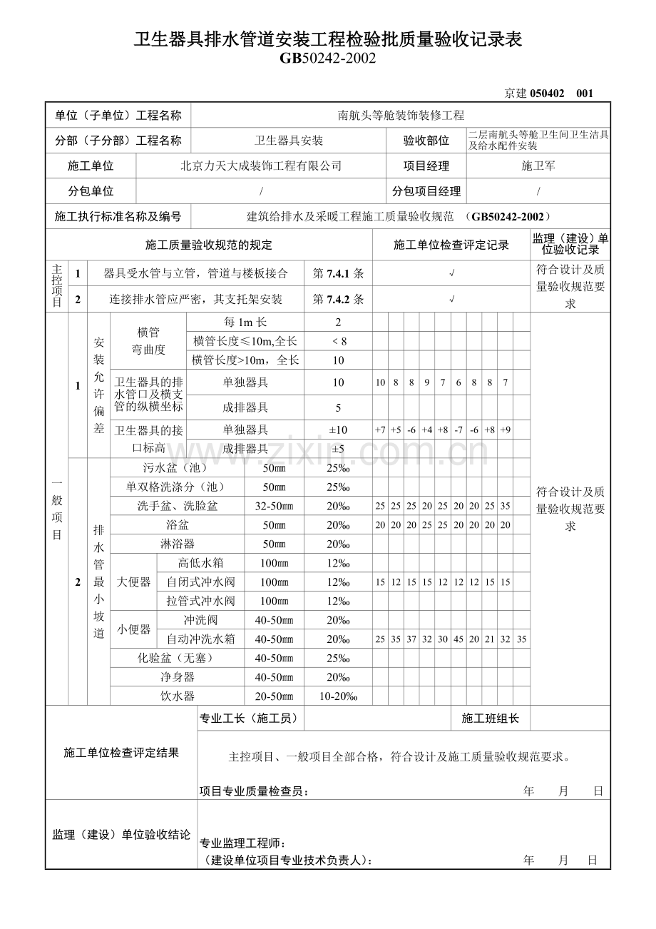 卫生器具排水管道安装工程检验批质量验收记录表.doc_第1页