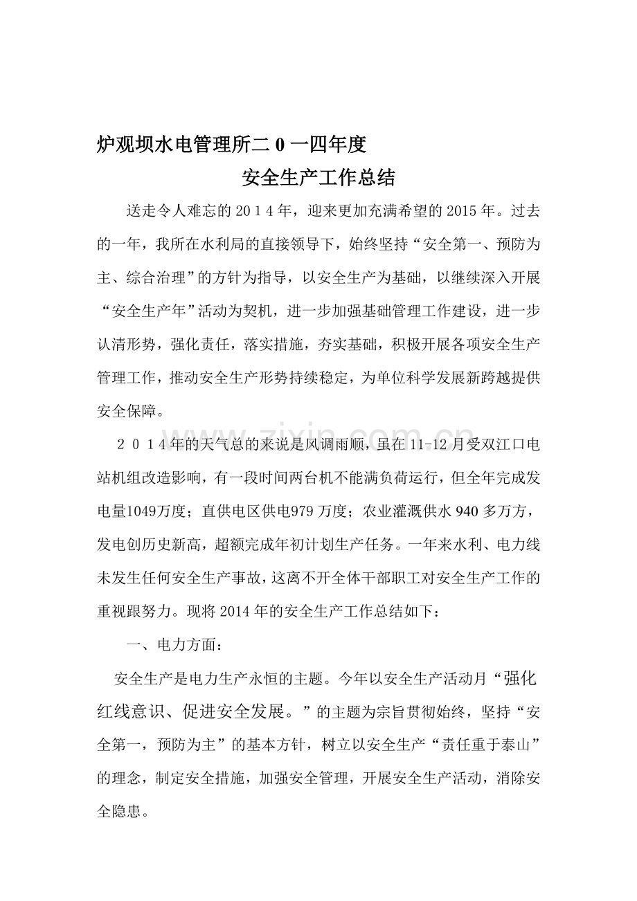水电站2014年度安全生产工作总结.doc_第1页