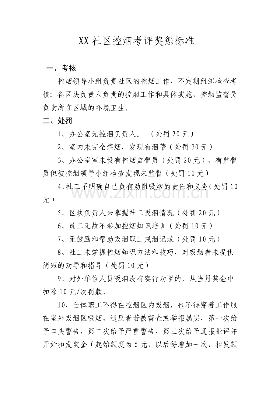 XX社区控烟考评奖惩标准.doc_第1页