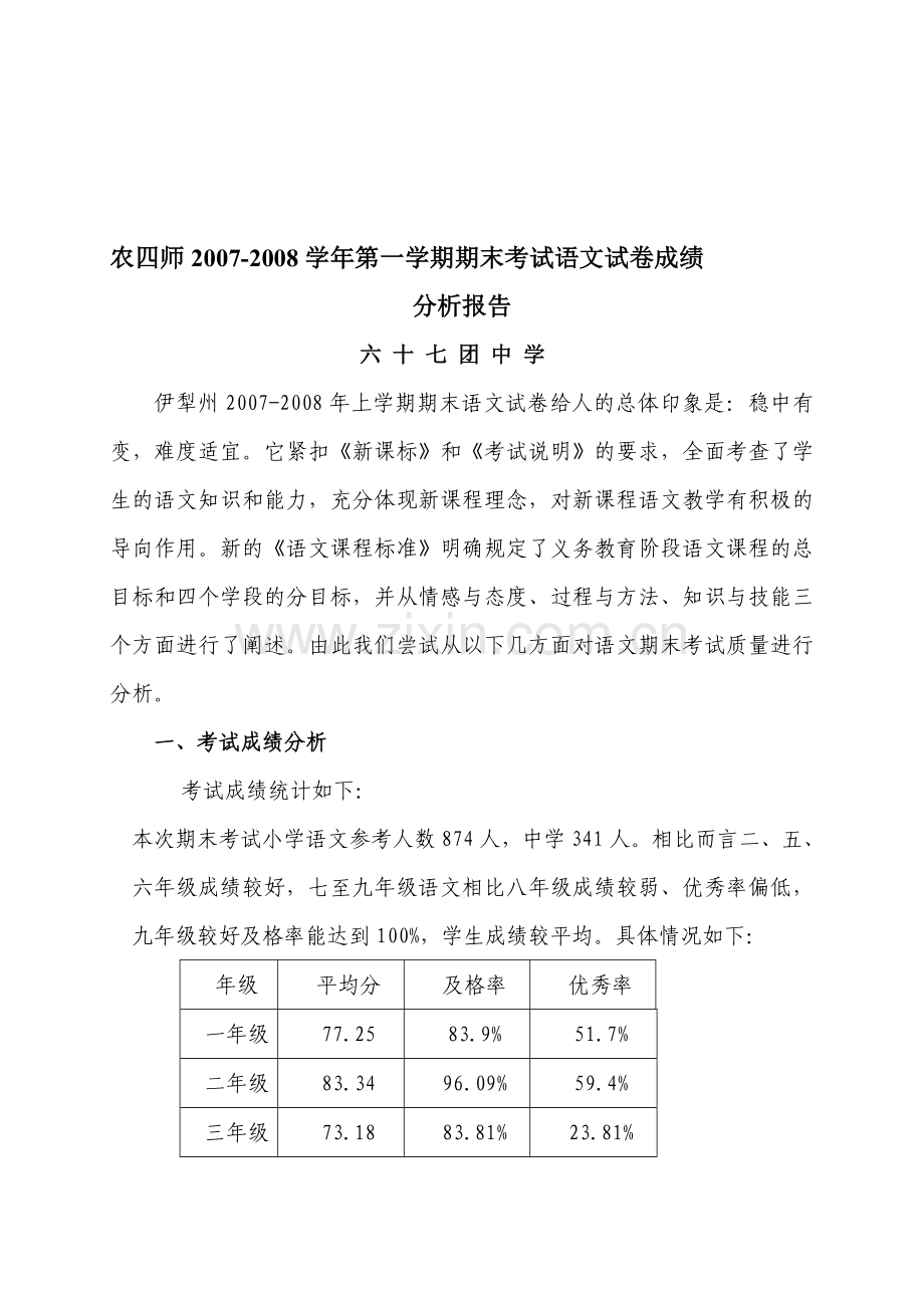 67团中学07-08语文成绩分析报告.doc_第1页