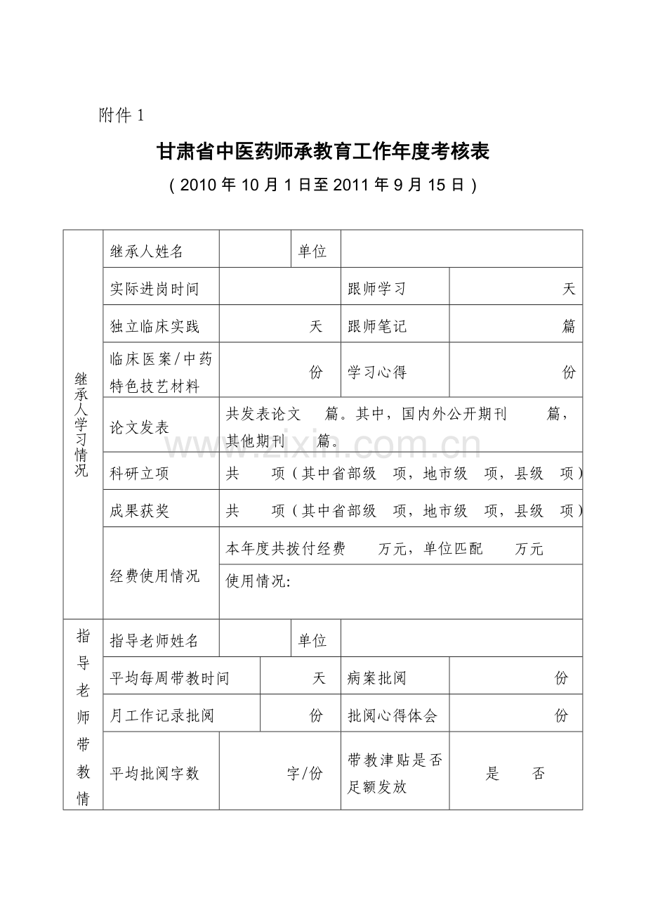 甘肃省中医药师承教育工作年度考核表.doc_第1页