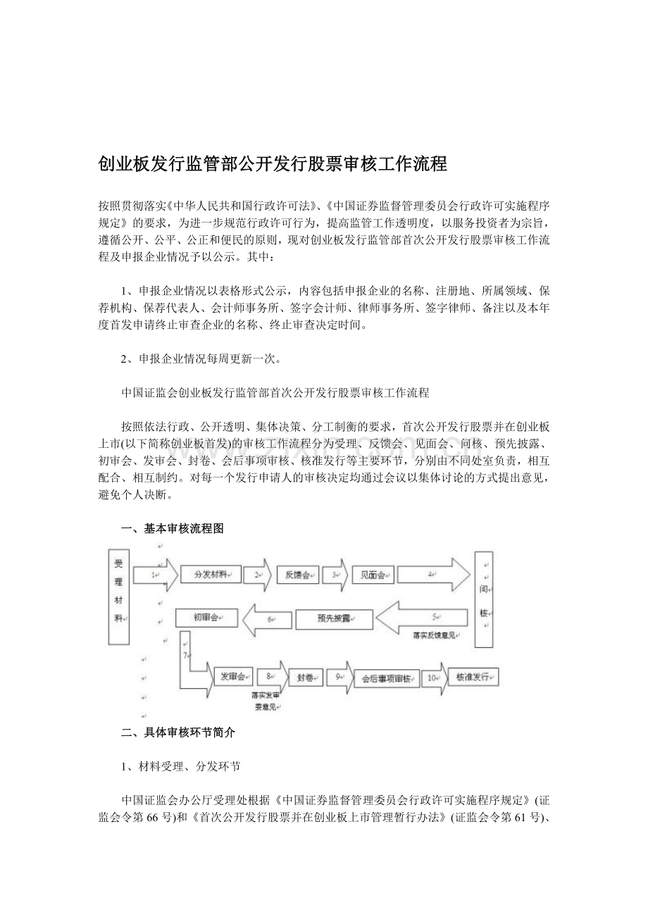 创业板新股发行监管部公开发行股票审核工作流程.doc_第1页