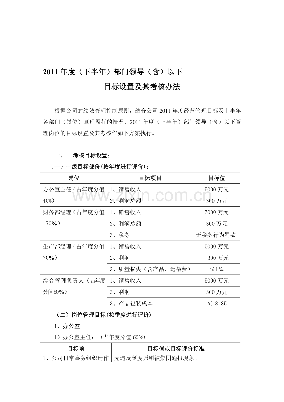 2011年度(下半年)部门领导(含)以下目标设置及其考核办法.doc_第1页