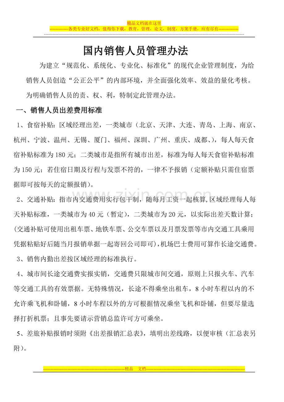 某某国内销售人员管理办法.doc_第1页