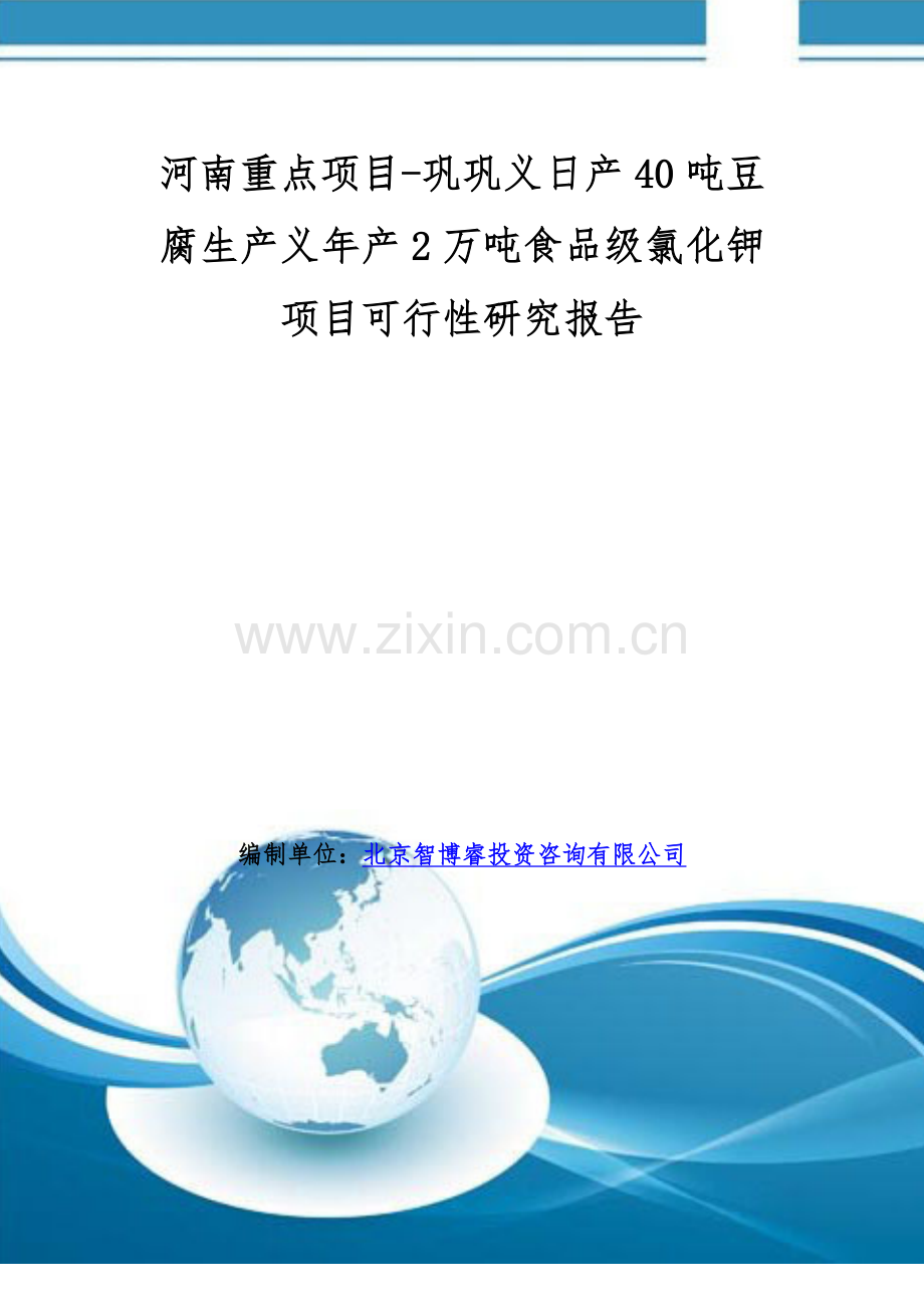 河南重点项目-巩巩义日产40吨豆腐生产义年产2万吨食品级氯化钾项目可行性研究报告.doc_第1页