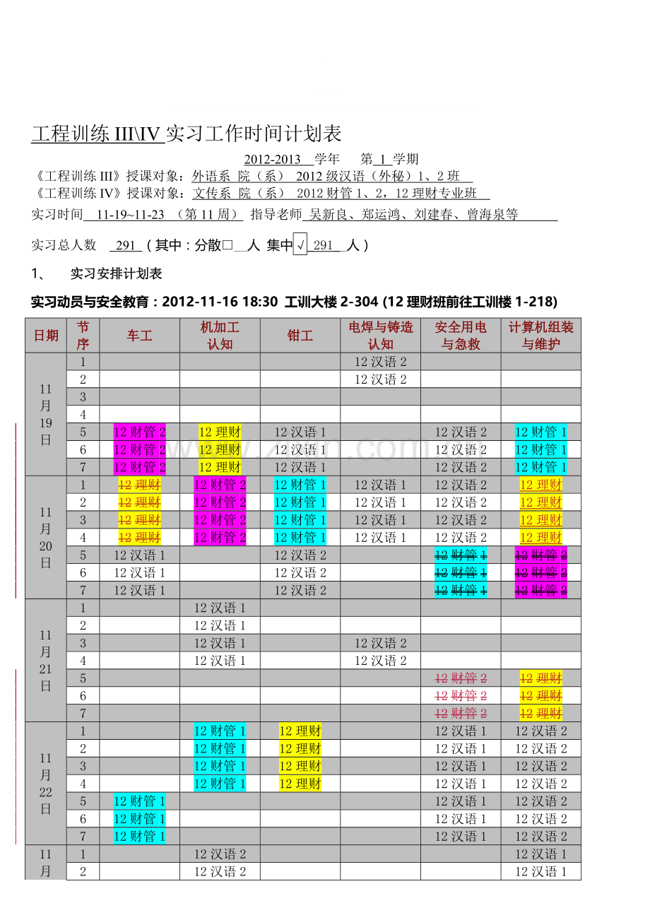 11周—外语系文传系—工程训练-实习计划表.doc_第1页