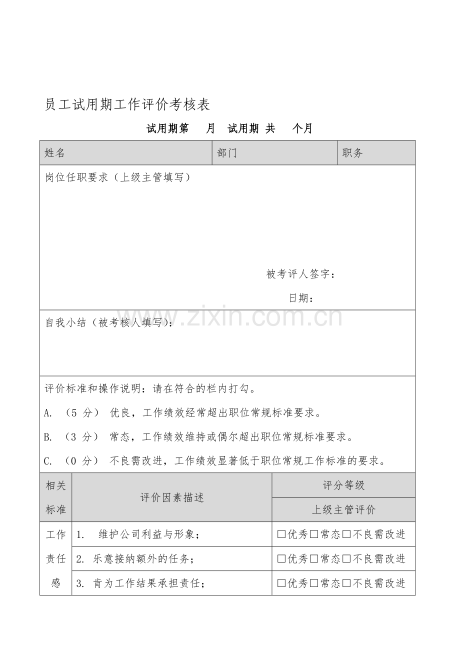 员工试用期工作评价考核表.doc_第1页