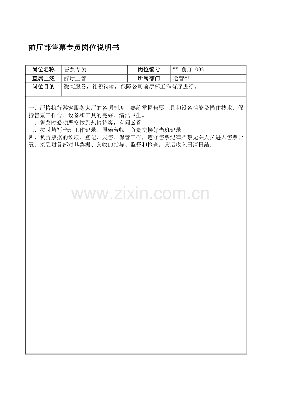 前厅部售票员专员工作流程说明书.doc_第1页