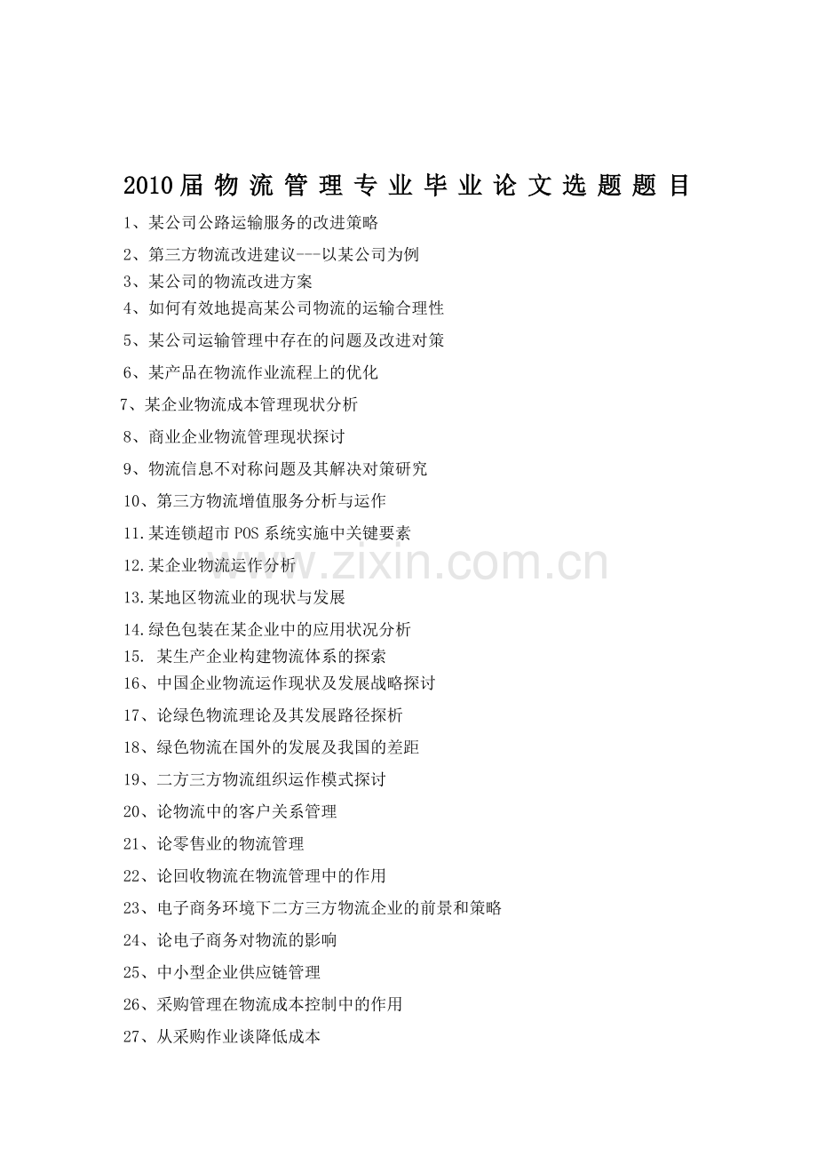 2010届物流管理专业毕业论文选题题目.doc_第1页