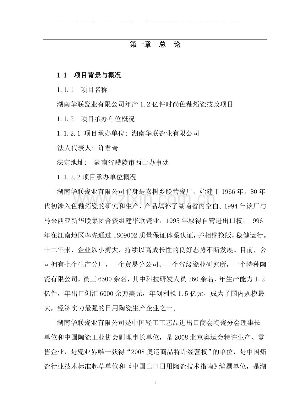 年产1.2亿件时尚色釉炻瓷技改项目可行性研究报告书.doc_第1页