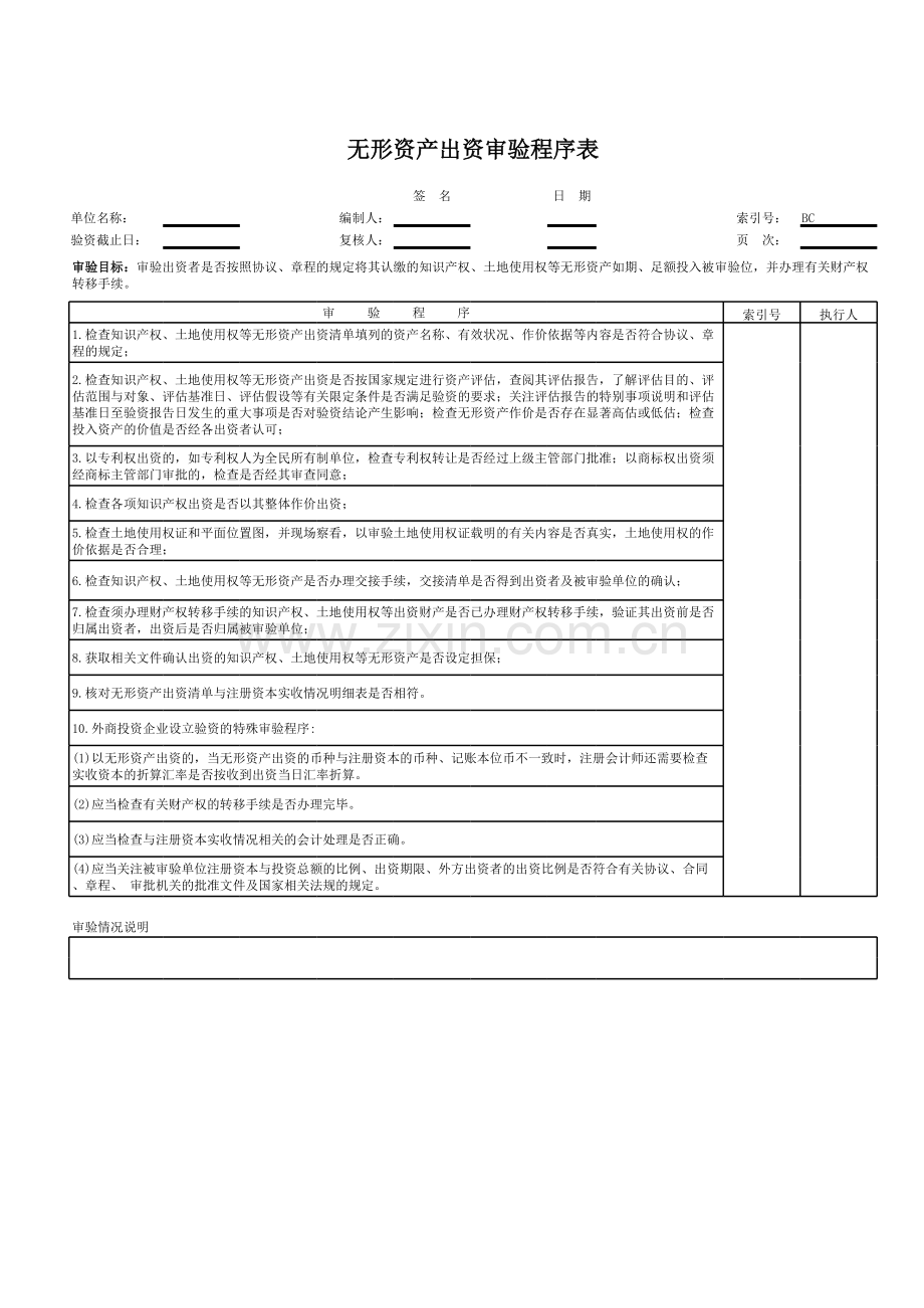 财务审计工作底稿无形资产出资审验.xls_第1页