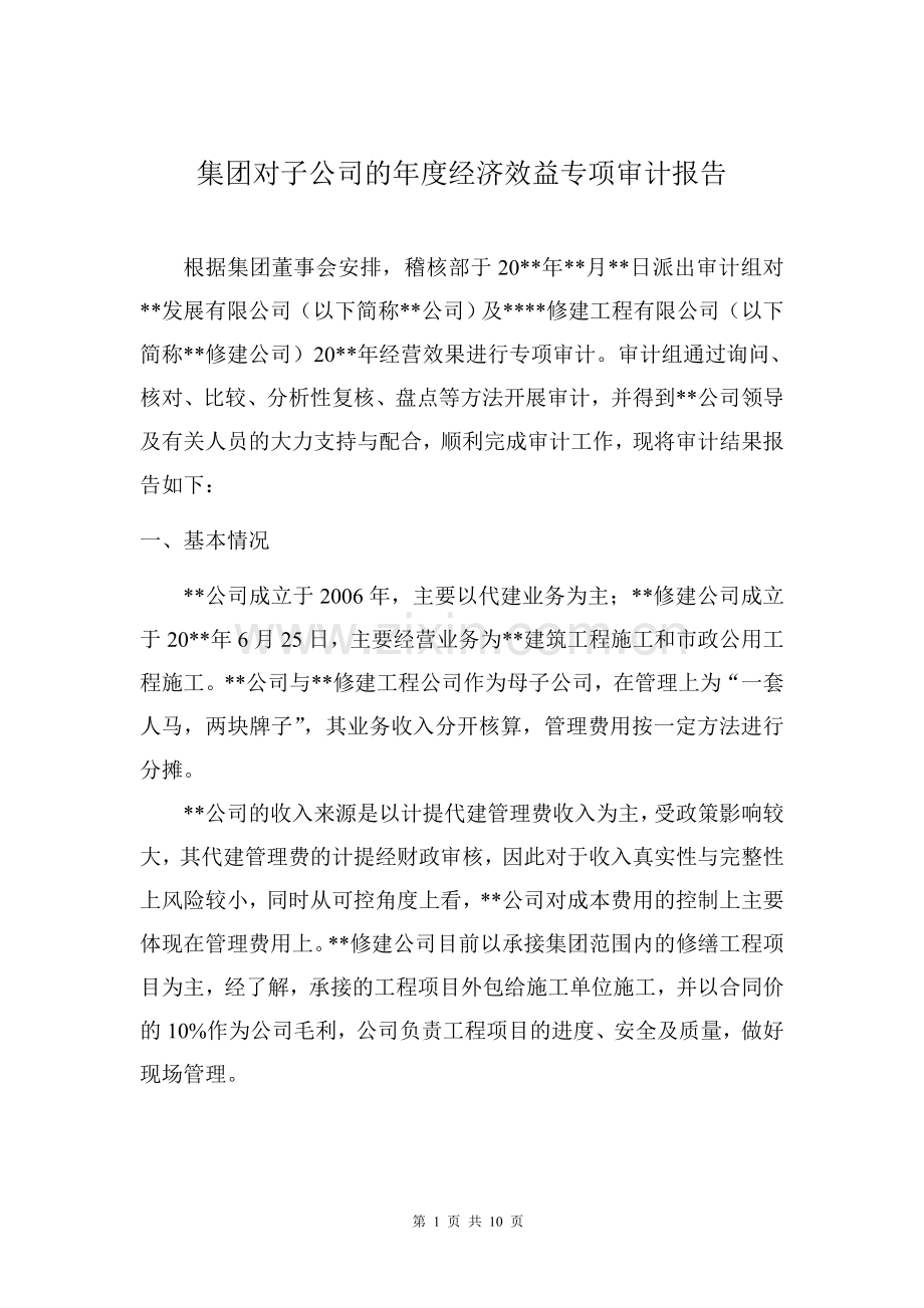 集团对子公司的年度经济效益专项审计报告模板.doc_第1页
