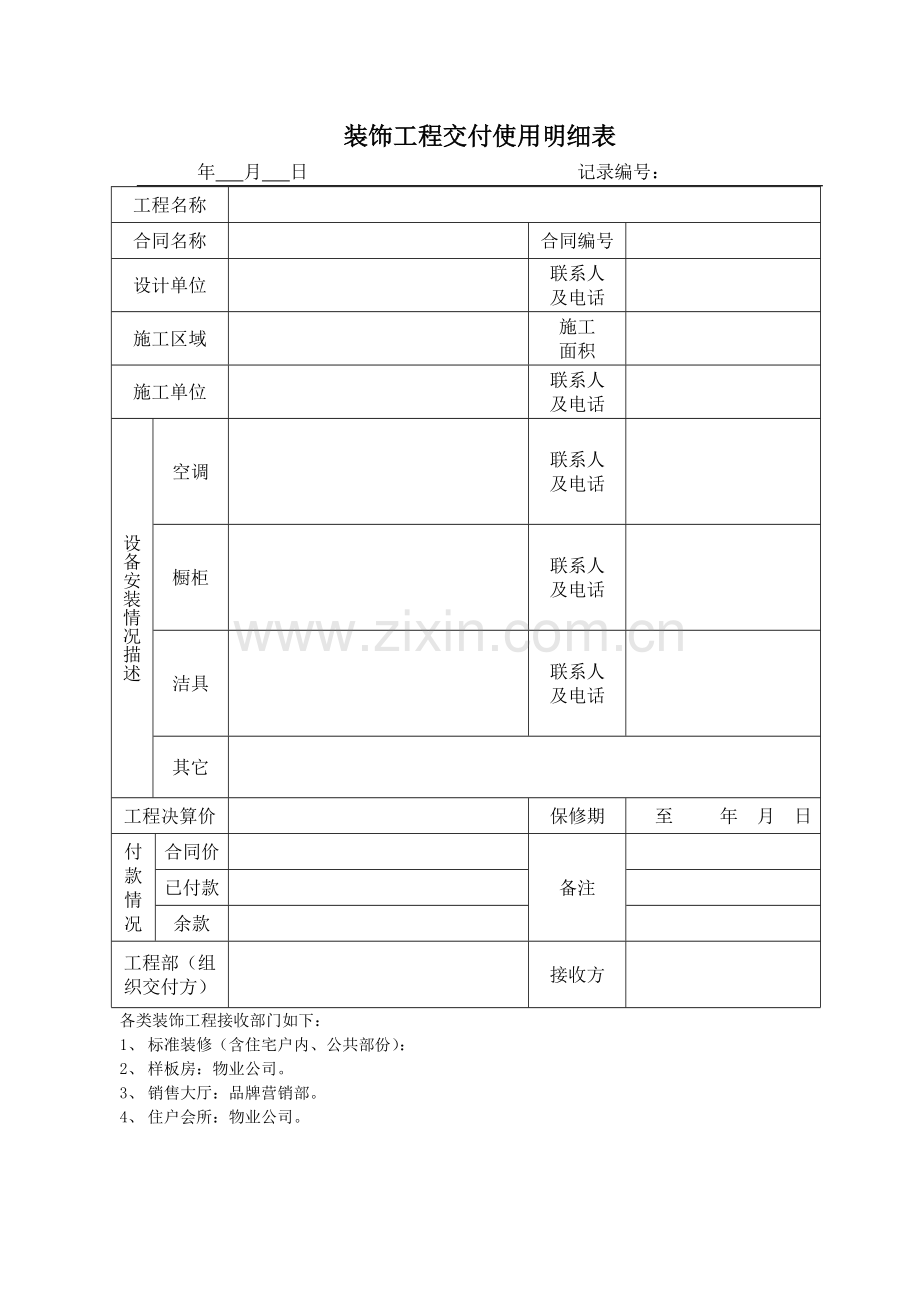 房地产公司装饰工程交付使用明细表模版.doc_第1页