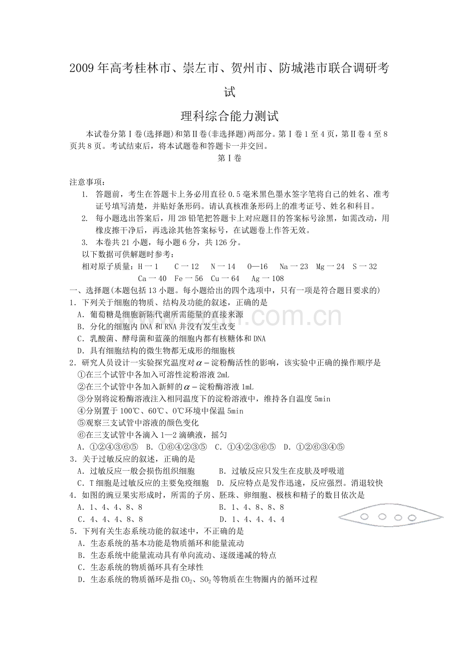 广西四市高三第一次联合调研考试理综.doc_第1页