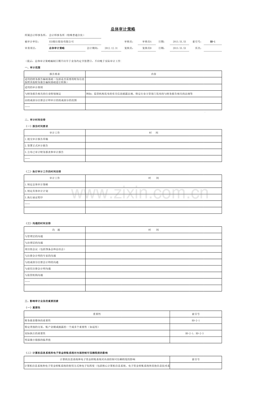 商业银行财务审计工作底稿模版总体审计策略.xls_第1页