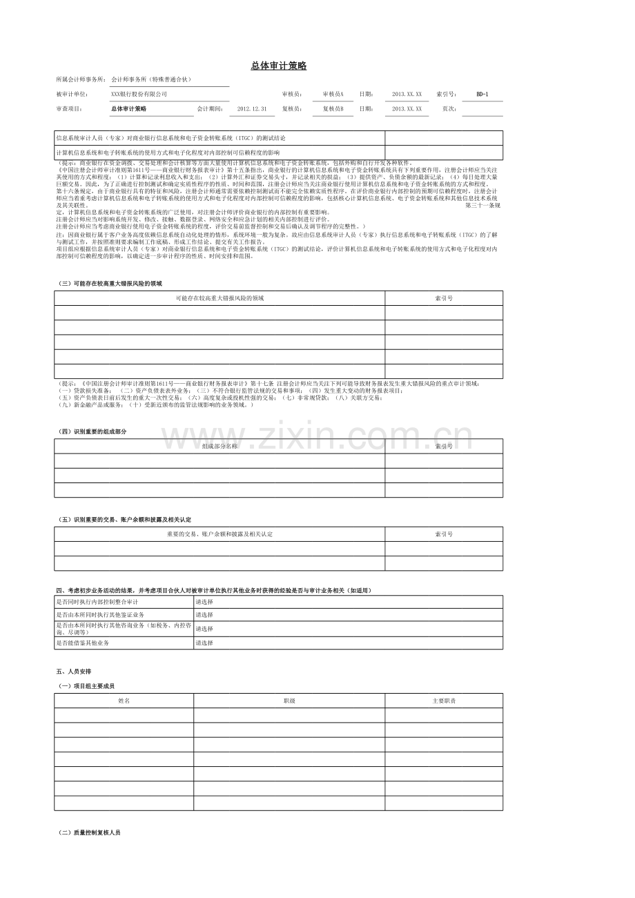 商业银行财务审计工作底稿模版总体审计策略.xls_第2页