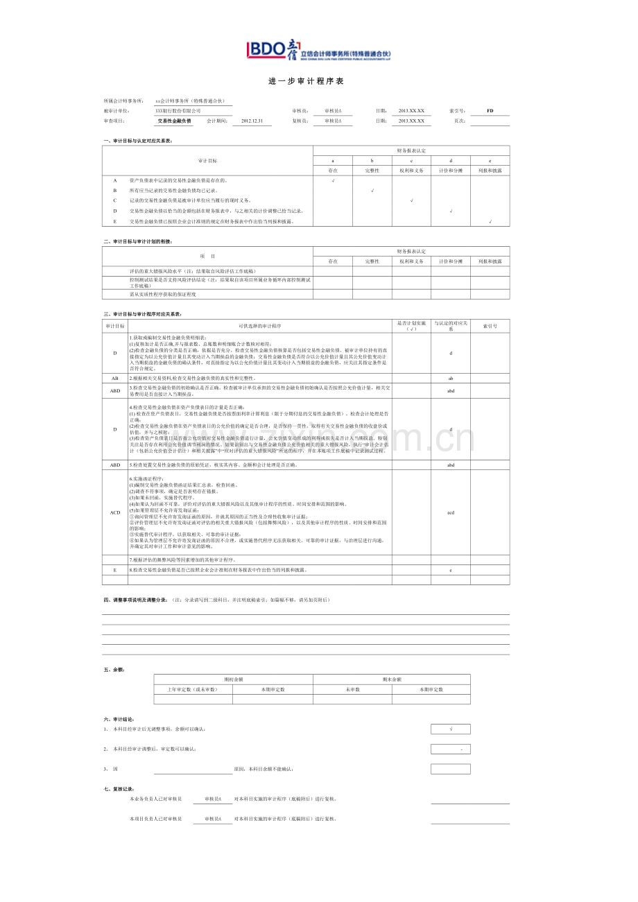 商业银行财务审计工作底稿之交易性金融负债.xls_第1页