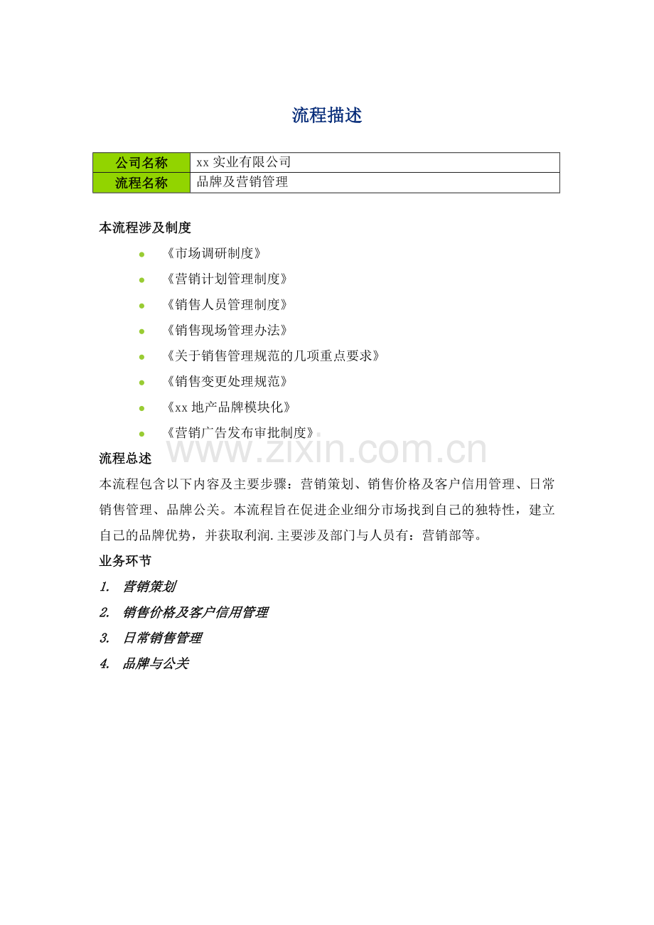 房地产公司内部控制-品牌及营销管理-流程描述.doc_第1页