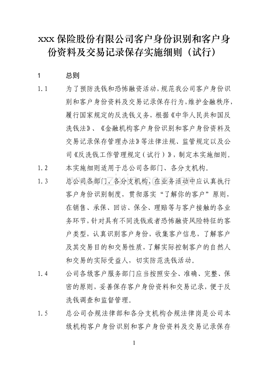 保险股份有限公司客户身份识别和客户身份资料及交易记录保存实施细则模版.doc_第1页