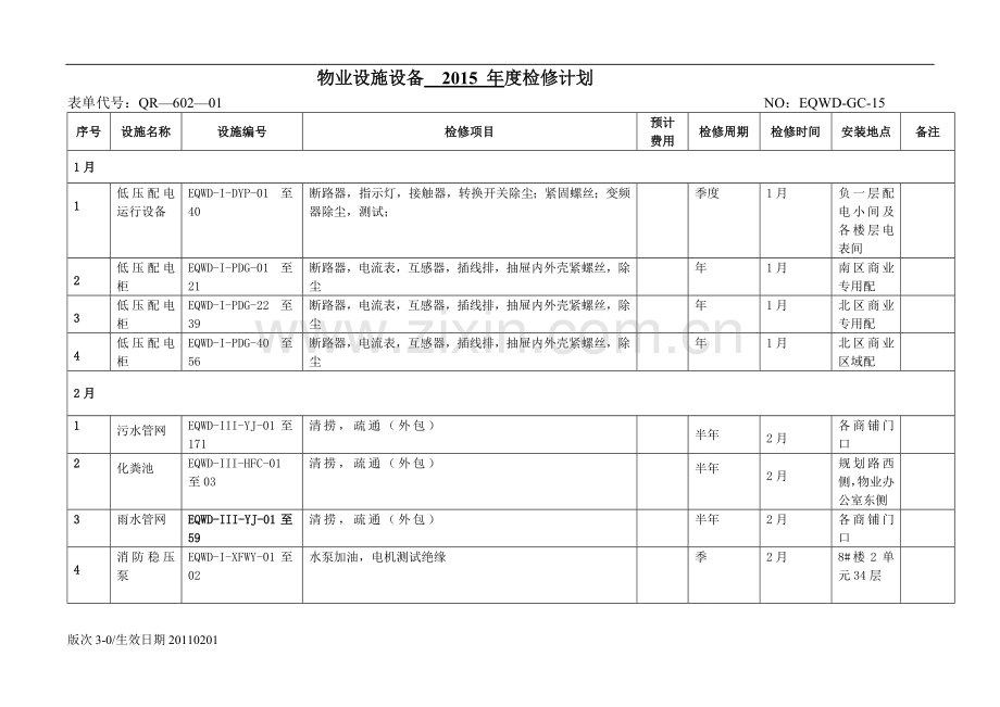 物业设施设备2015年度检修计划.doc_第1页