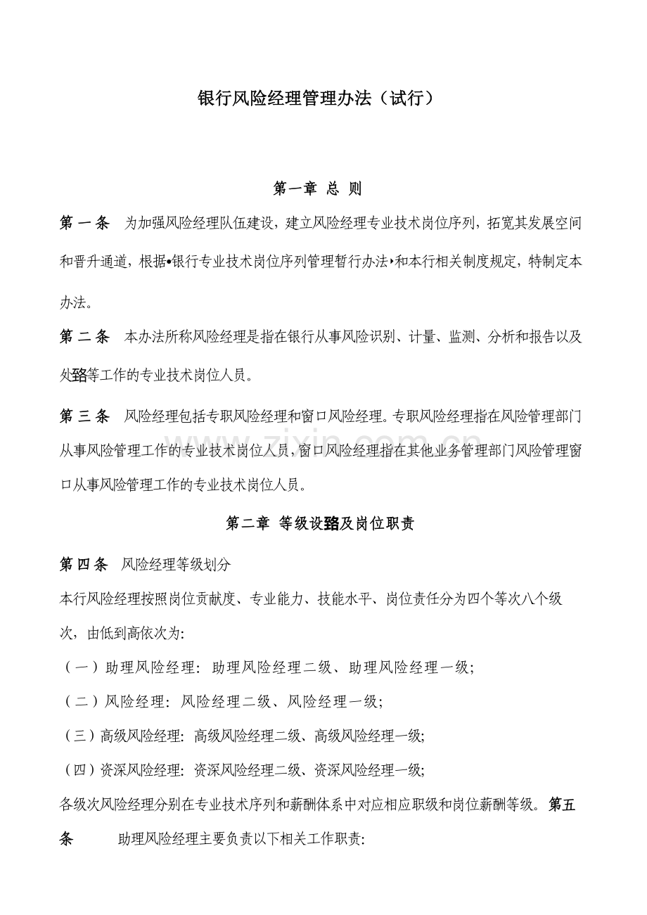 银行风险经理管理办法(试行).docx_第1页