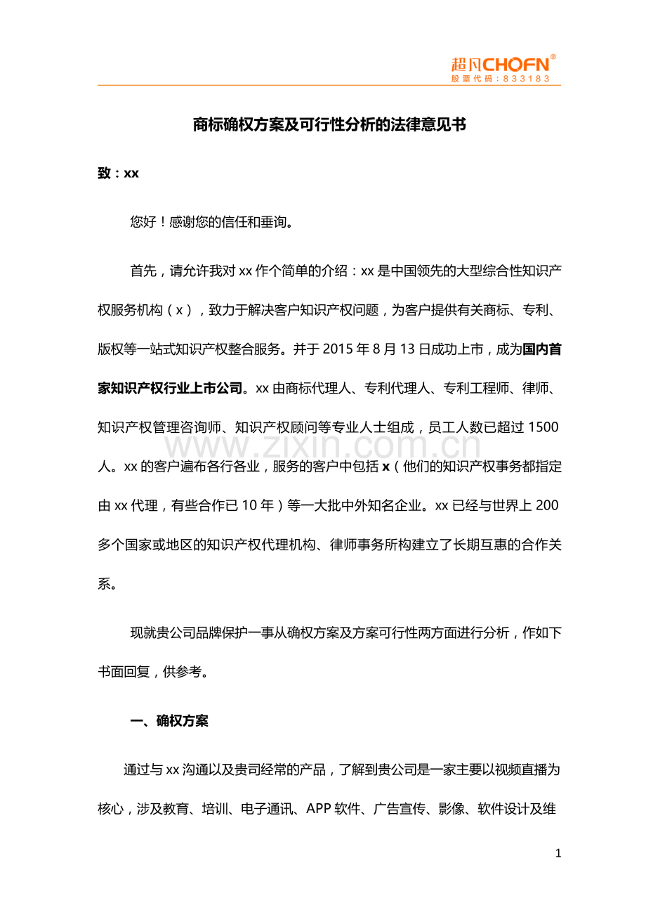 品牌确权方案及可行性分析的法律意见书模版.doc_第1页