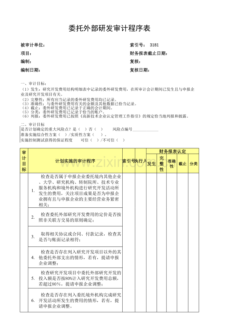 高新技术企业认定专项审计工作底稿之委托外部研发审计程序表.xls_第1页