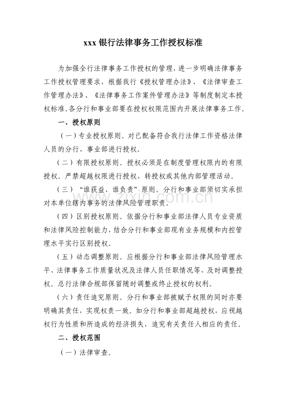 银行法律事务工作授权标准模版.docx_第1页