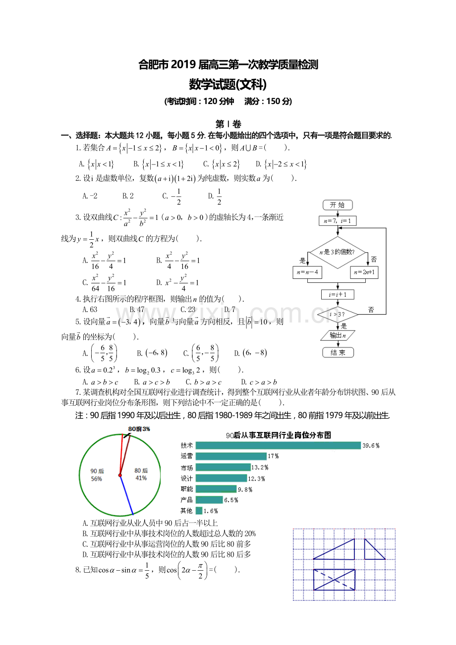 合肥市高三第一次教学质量检测数学试题文科含答案.doc_第1页