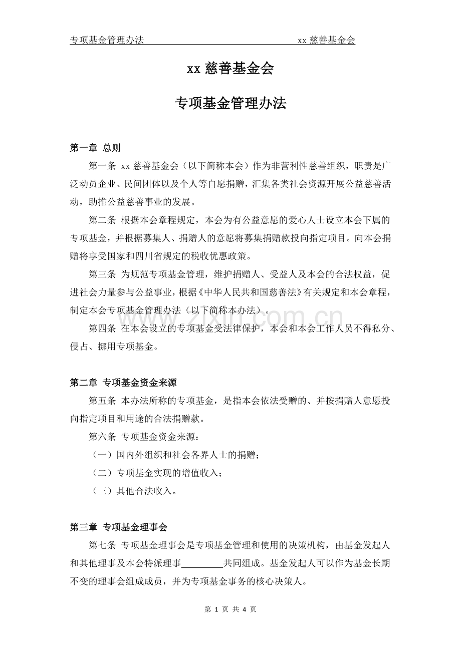 慈善专项基金管理办法模版.docx_第1页