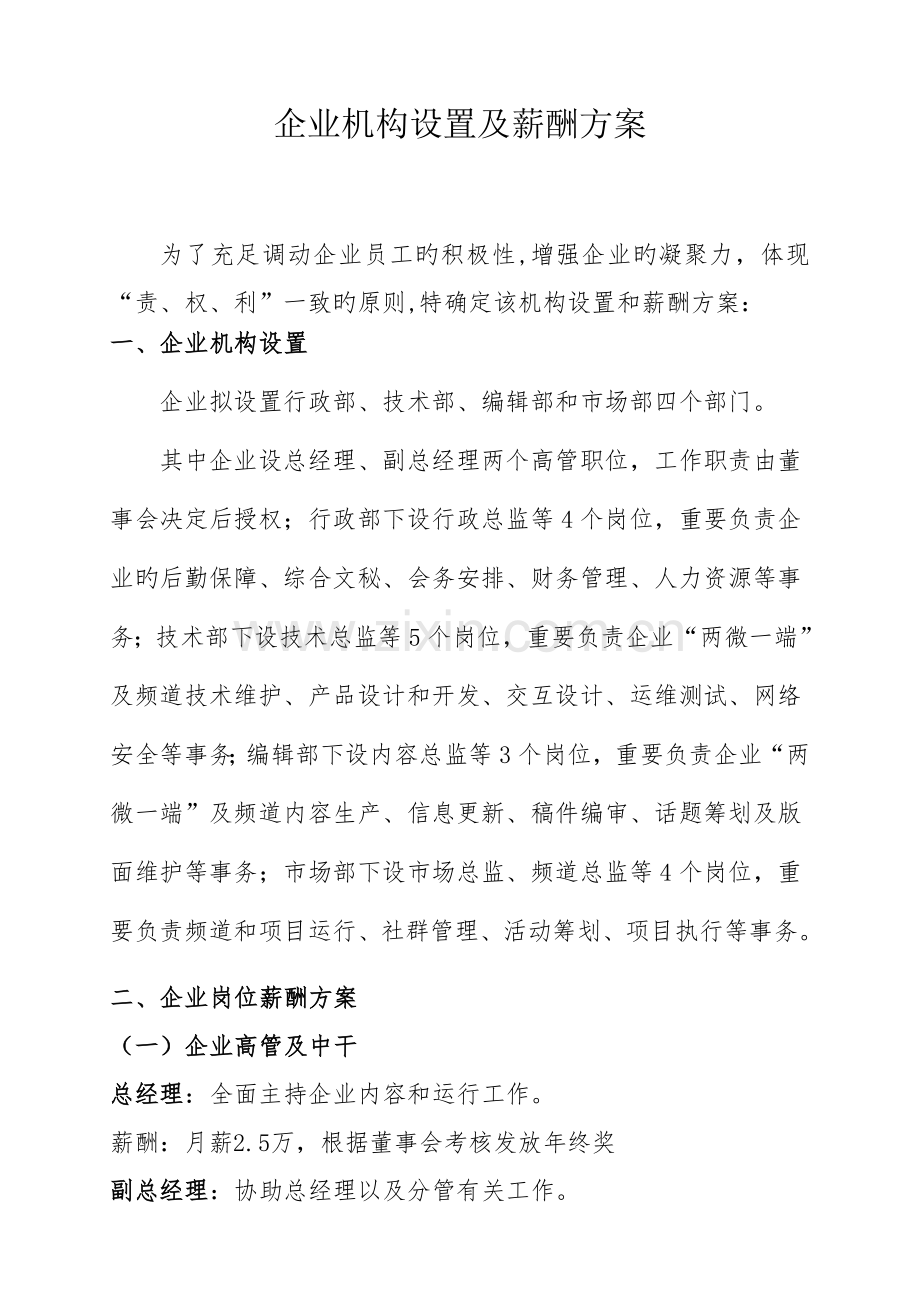 新媒体公司机构设置薪酬方案及激励机制.docx_第1页