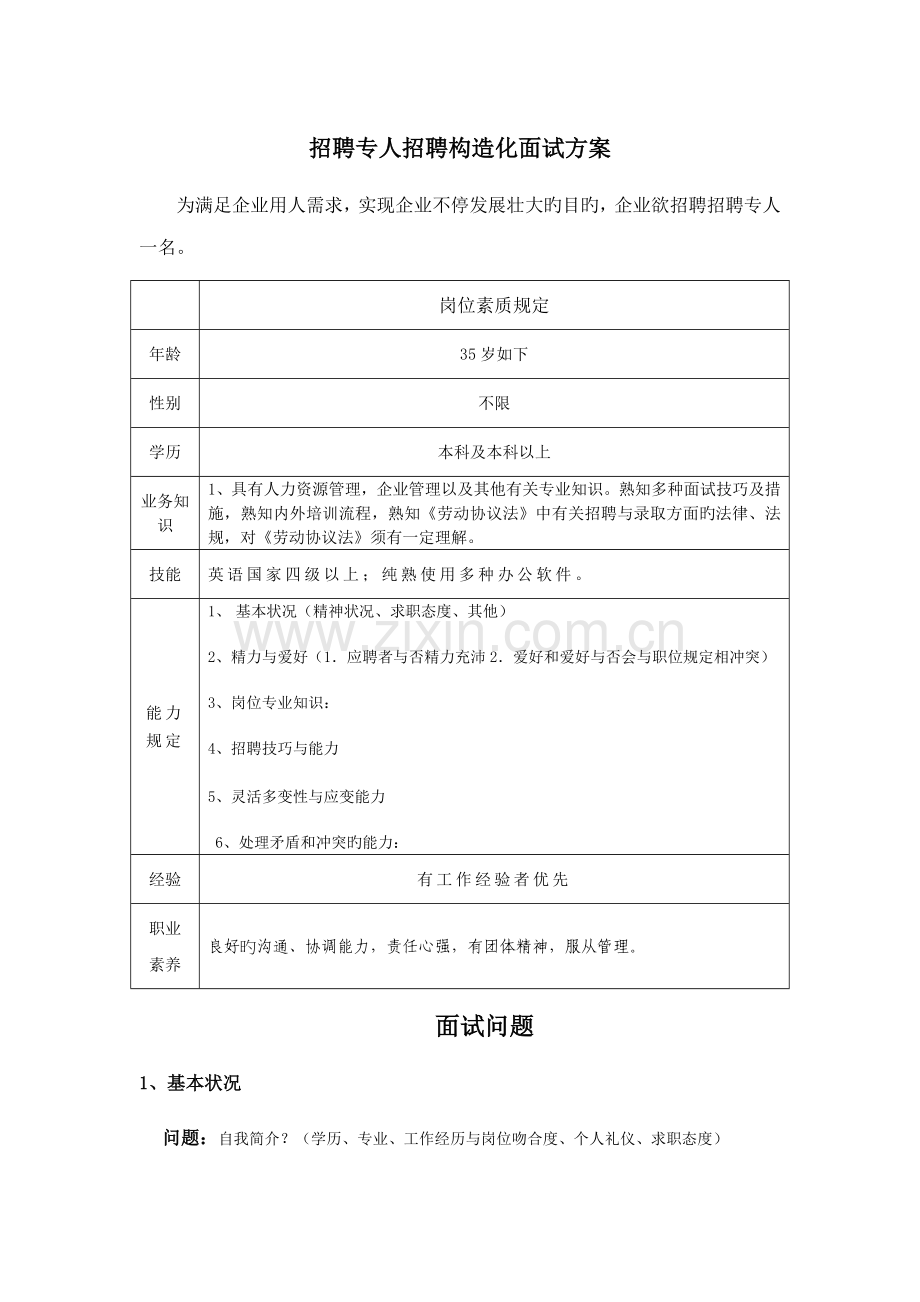 招聘专员招聘结构化面试方案.doc_第1页