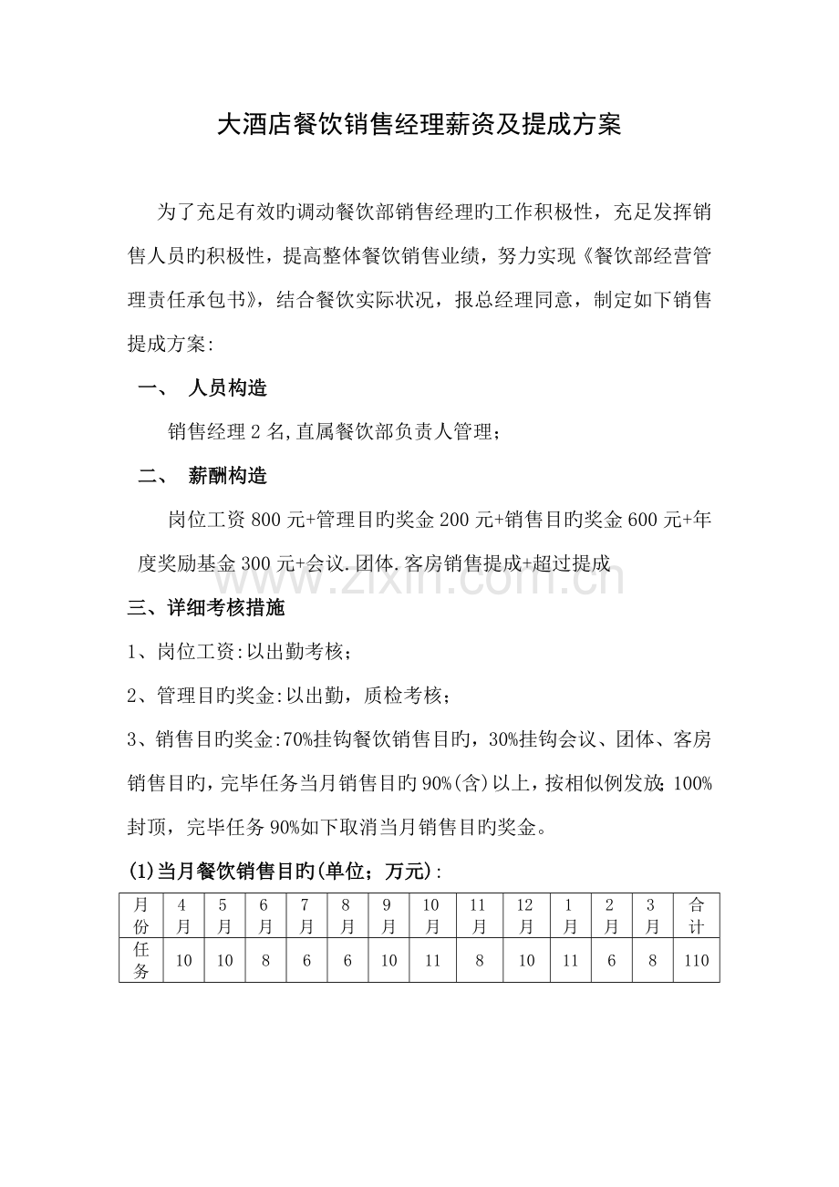 大酒店餐饮销售经理薪资及提成方案.doc_第1页