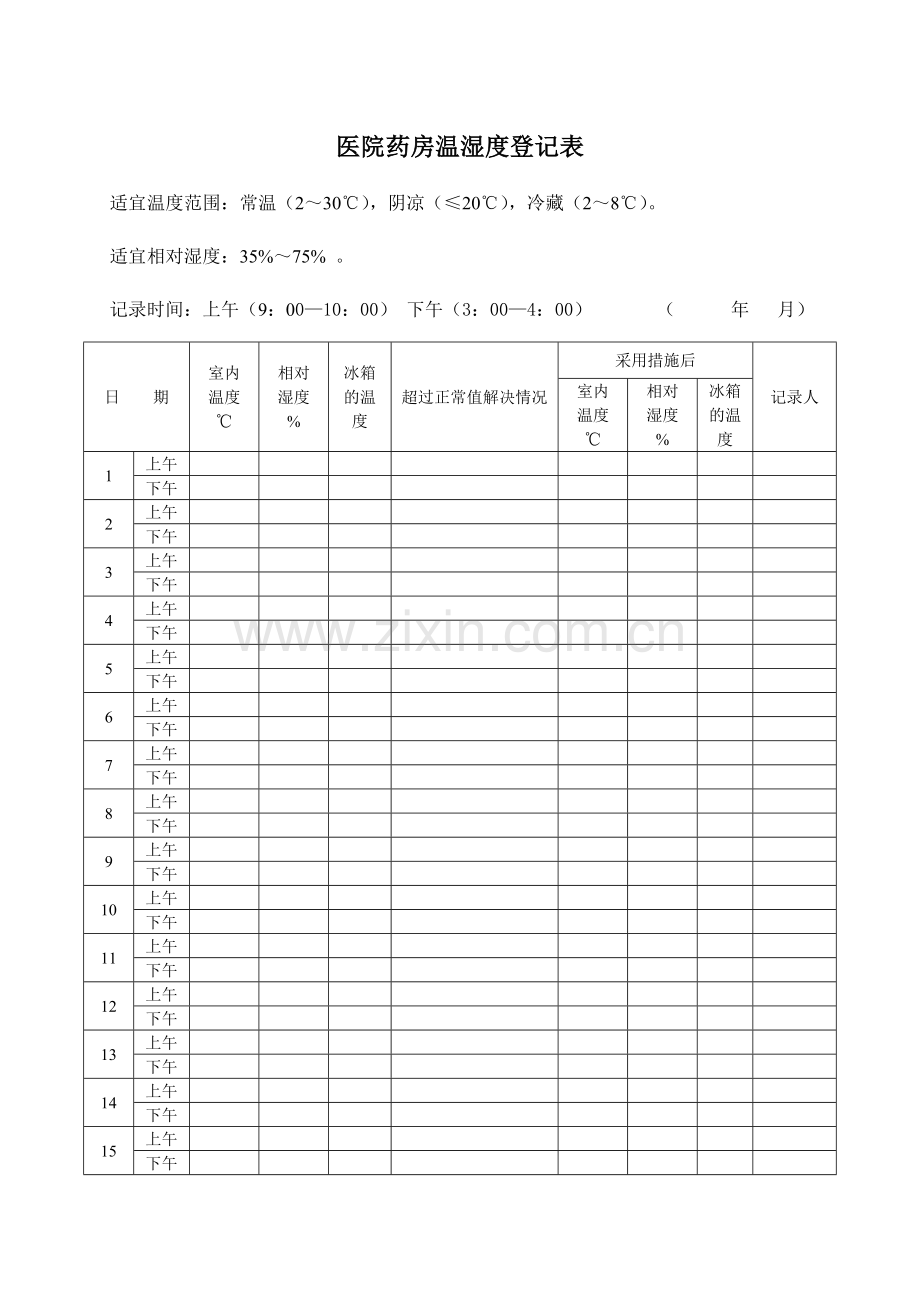 药房温湿度记录表.doc_第1页