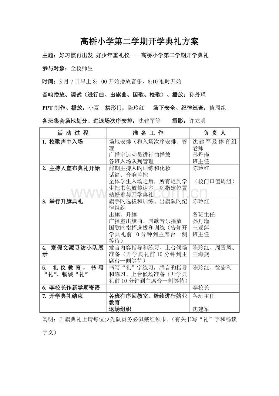 高桥小学第二学期开学典礼方案.doc_第1页
