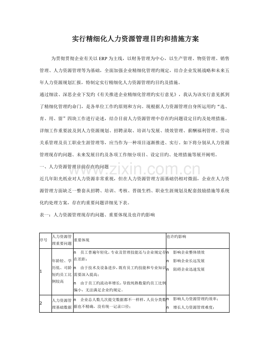 实施精细化人力资源管理目标和措施方案.doc_第1页