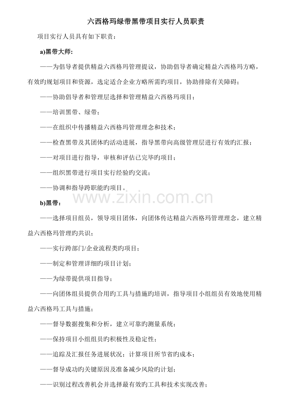 六西格玛绿带黑带项目实施人员职责.doc_第1页