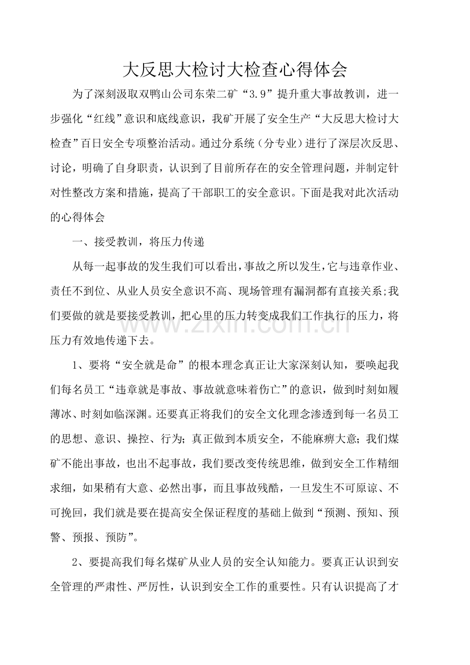 煤矿大反思大检讨大检查心得体会.doc_第1页