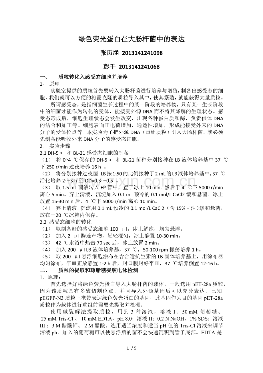 绿色荧光蛋白在大肠杆菌中的表达分子实验设计.doc_第1页