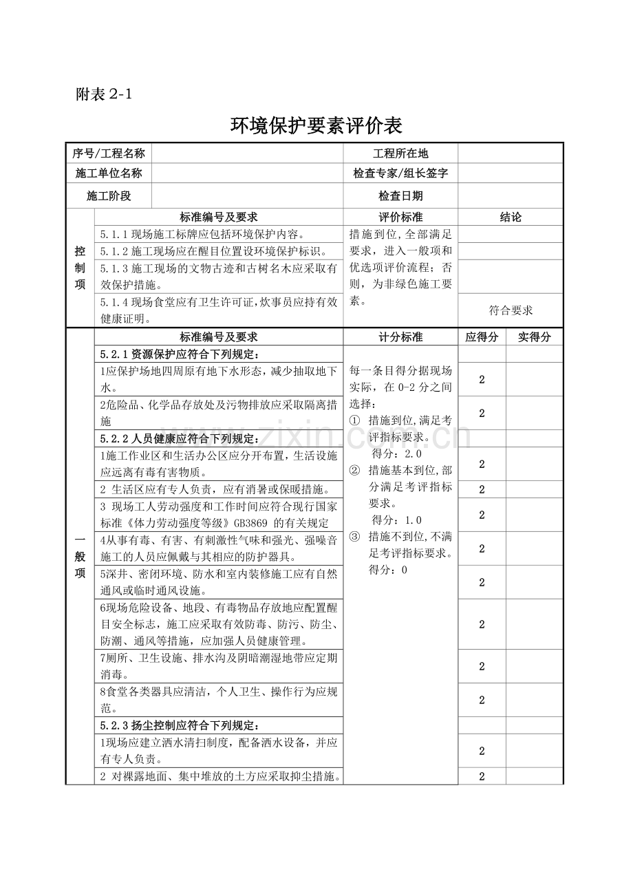 绿色施工-2-1“环境保护”要素评价表.doc_第1页