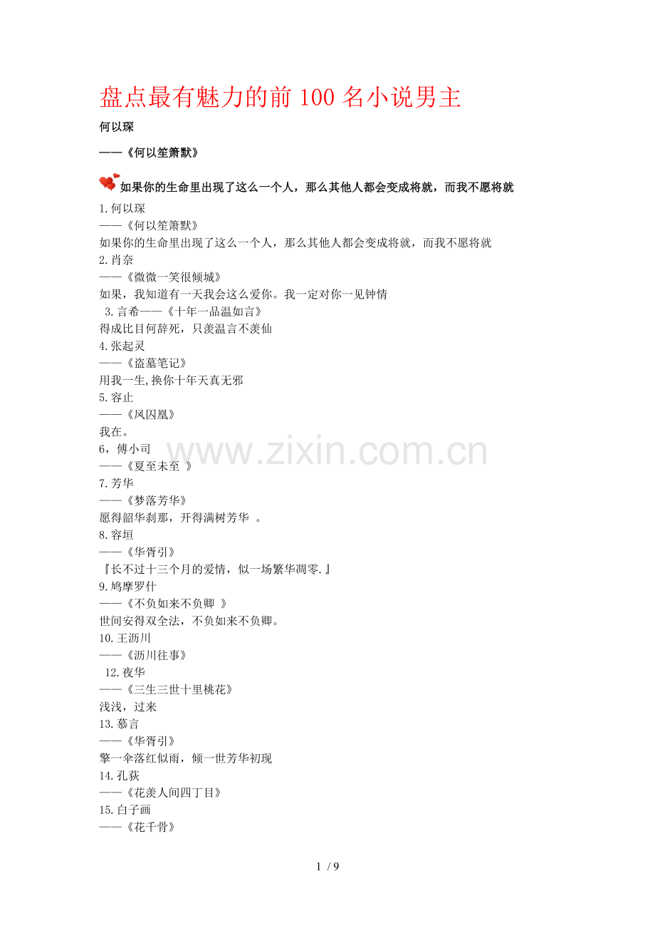 盘点最有魅力的前100名小说男主.doc_第1页