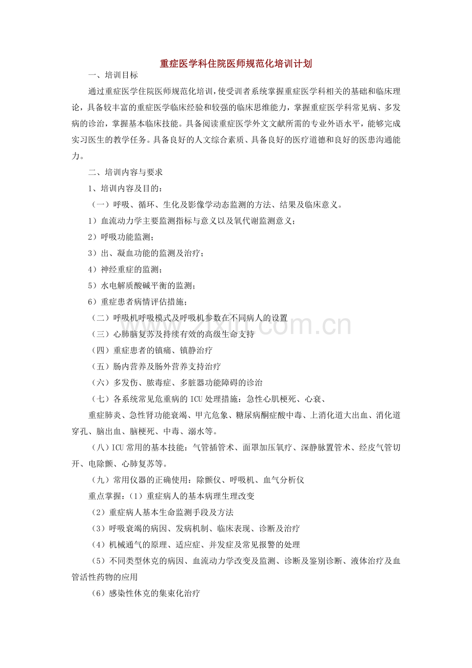 重症医学科住院医师规范化培训计划.doc_第1页